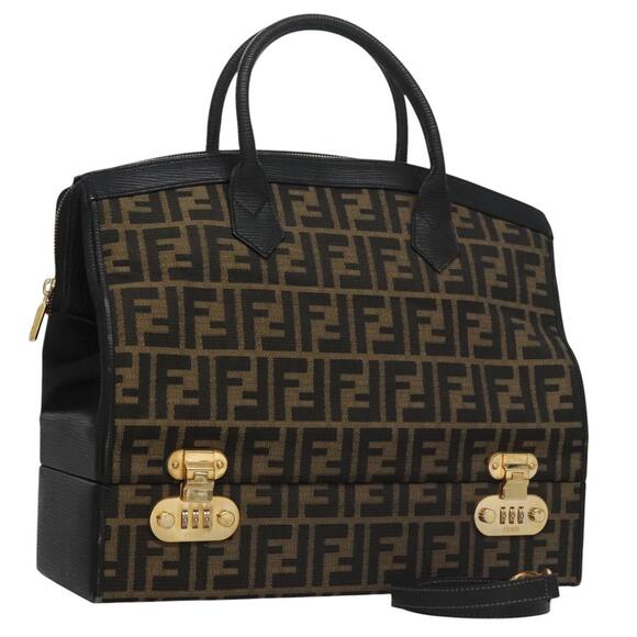 FENDI Zucca Canvas Hand Bag Brown Black Gold - Picture 1 of 14